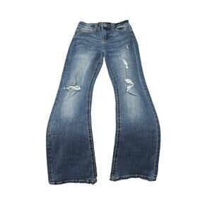 Indigo Rein 8 flare jeans adjustable waist stretch pockets euc blue modern style